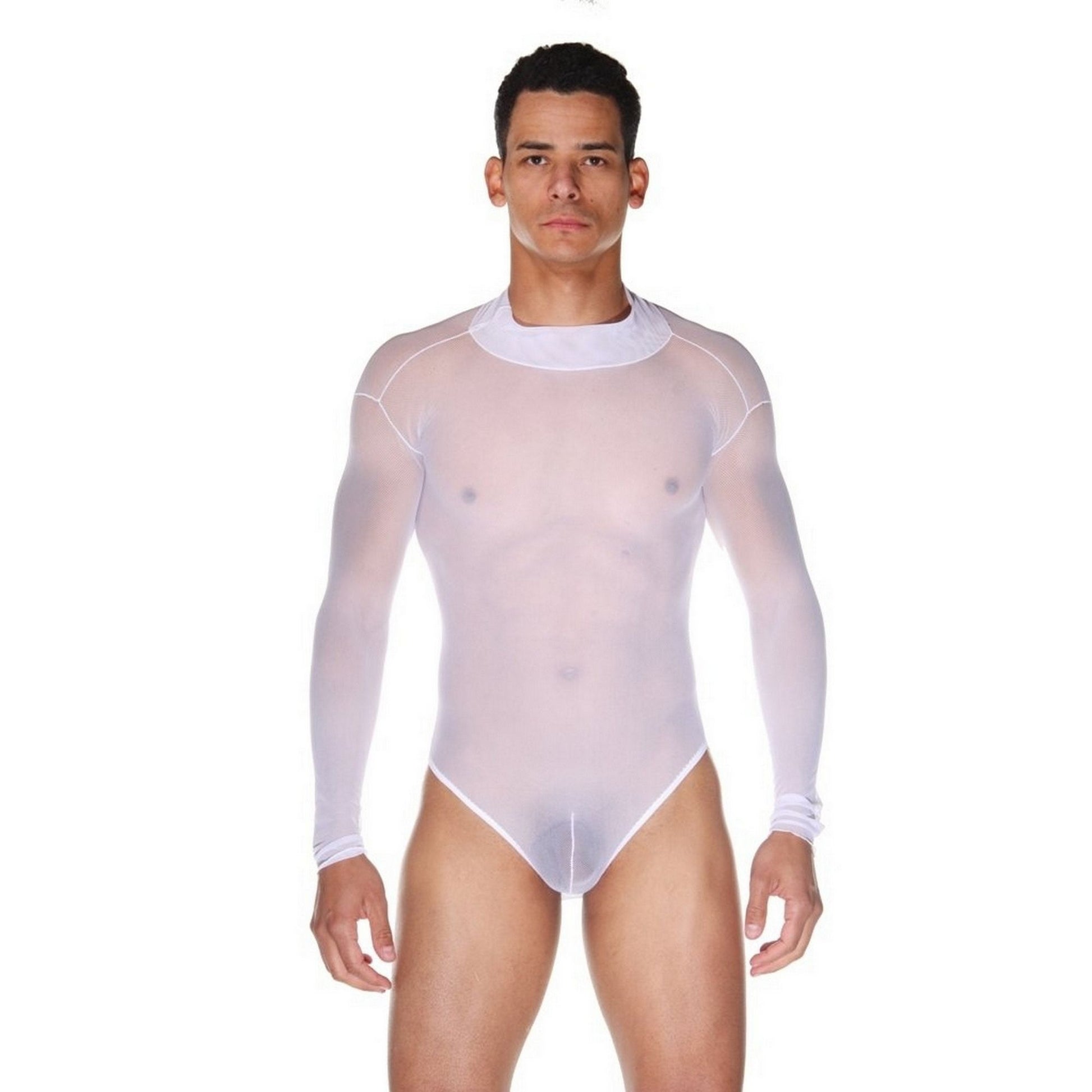 Men's See Thru Uncensored Body Suit - Open Back White Tulle Sexy Transparent Fabric - Bodysuit for Him - Discreet Shipping from Us