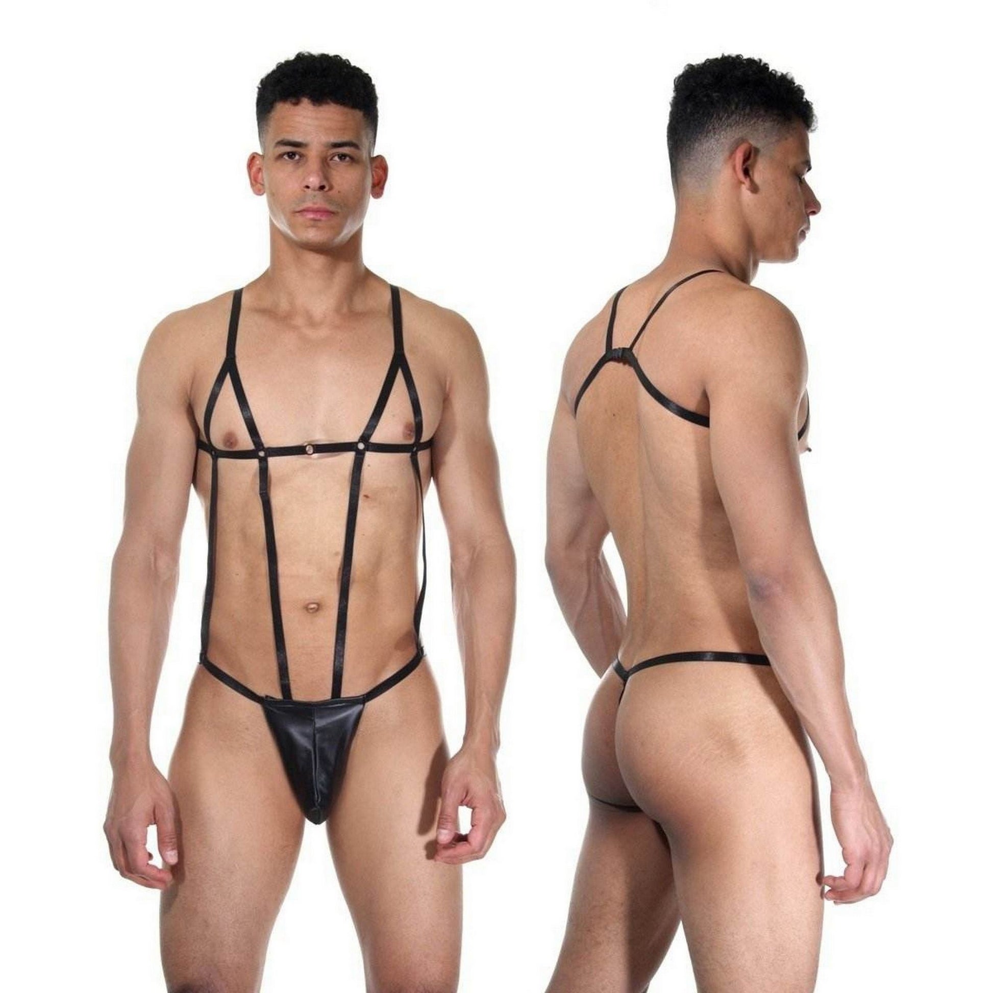 Men's Black Fantasy Harness Jockstrap - Sexy Men Harness Underwear - Lacquer Leather Rubber Straps Sexy Lingerie