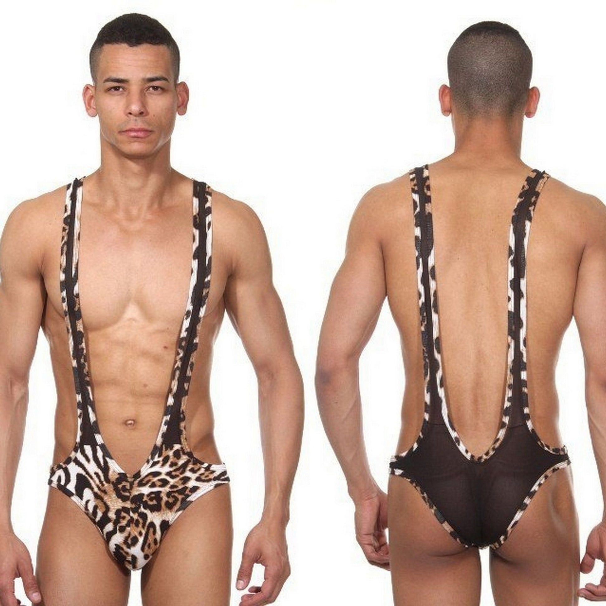 Men's Leopard Wrestling Bodysuit Lingerie Leotard Underwear - Role Play Costume for Men - Sheer Back Jumpsuits Singlet - Gift for Him