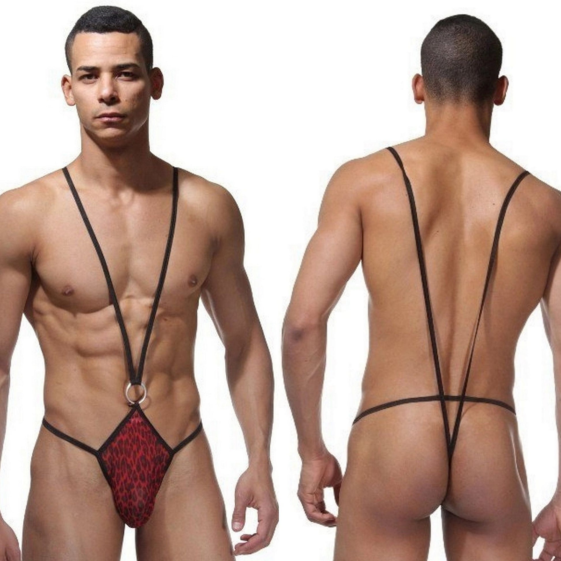 Men's Red Leopard Bodysuit Costume Sexy Straps Underwear - Sexy Pride Costume - Hot G-String Lingerie for Men - Gift for Gay Man