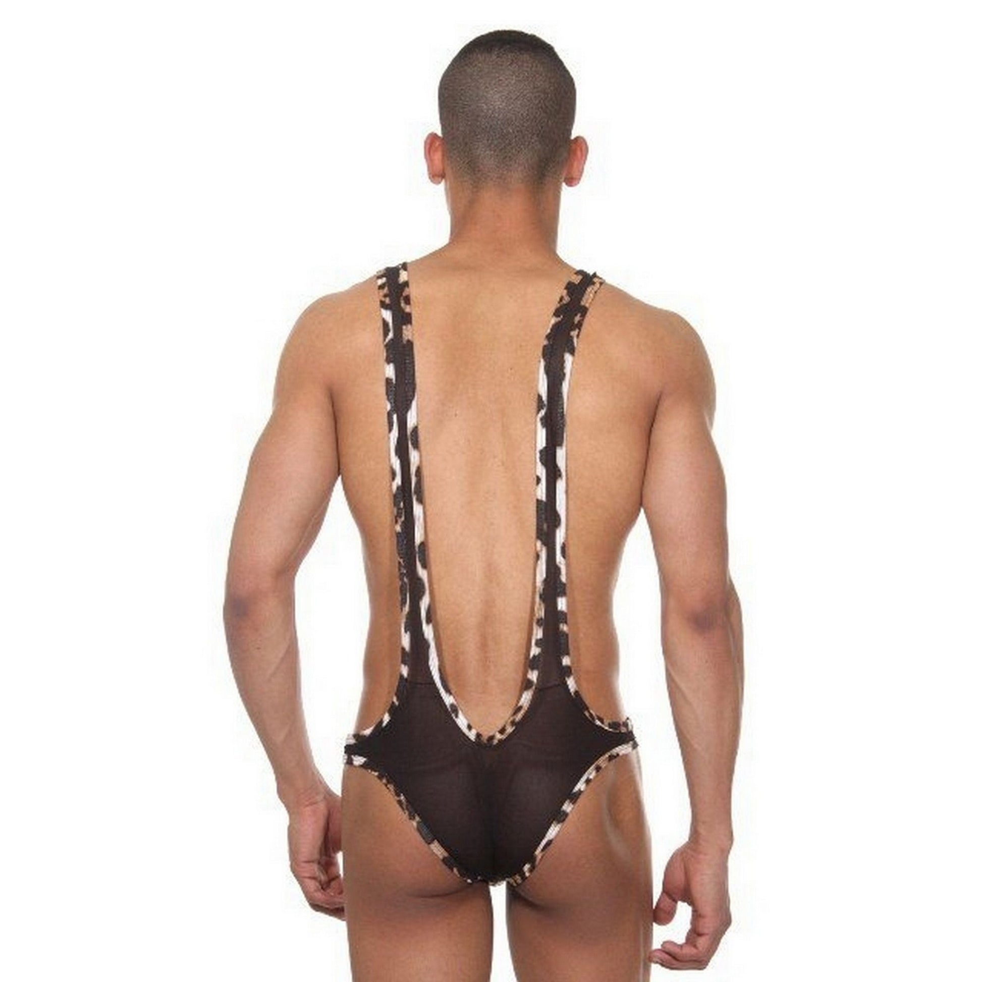Men's Leopard Wrestling Bodysuit Lingerie Leotard Underwear - Role Play Costume for Men - Sheer Back Jumpsuits Singlet - Gift for Him