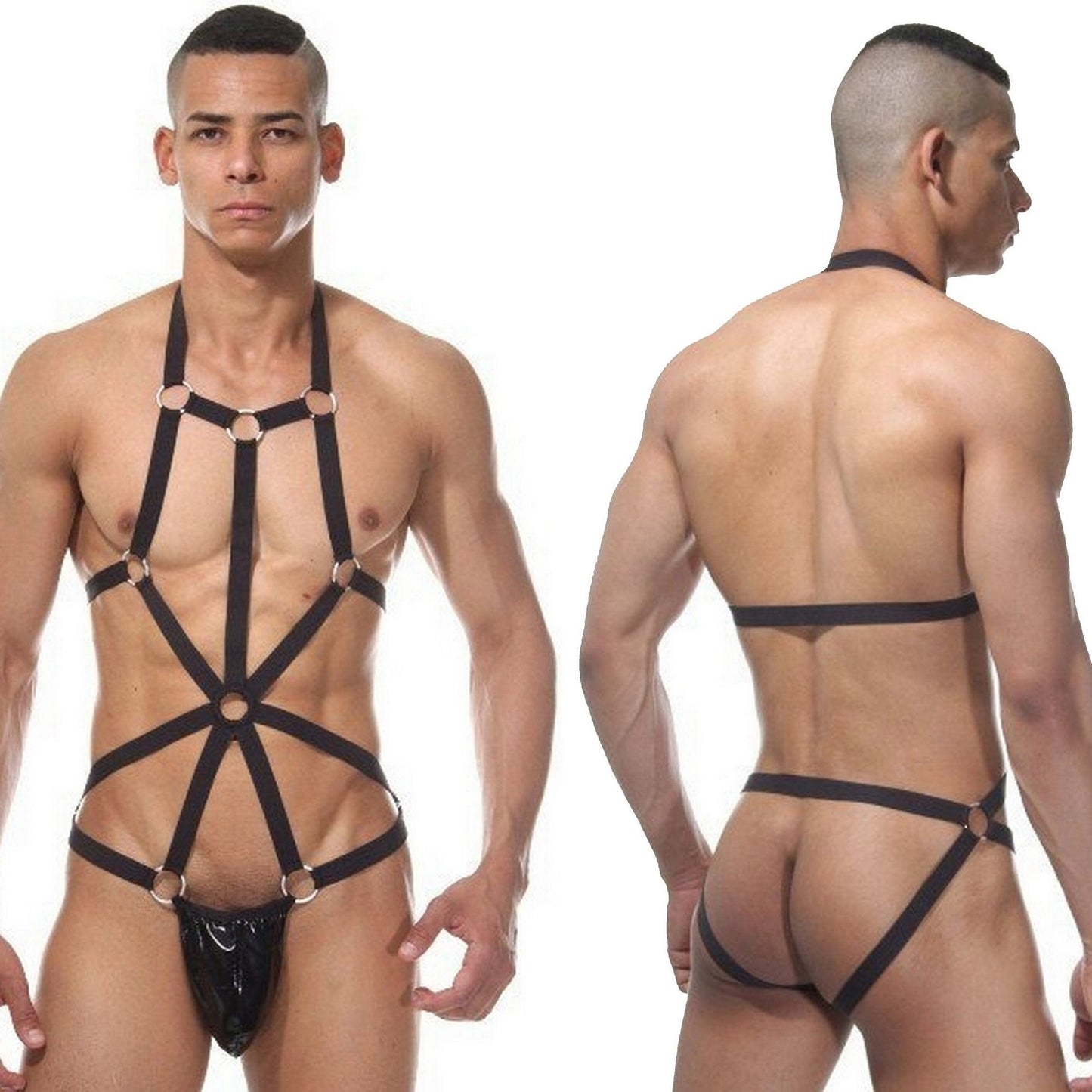 Men's Gladiator Role Play Harnesses Body Jockstrap - Black Backless Ouvert Cage Lingerie - Leather Harness for Gay Man - Gift for Him