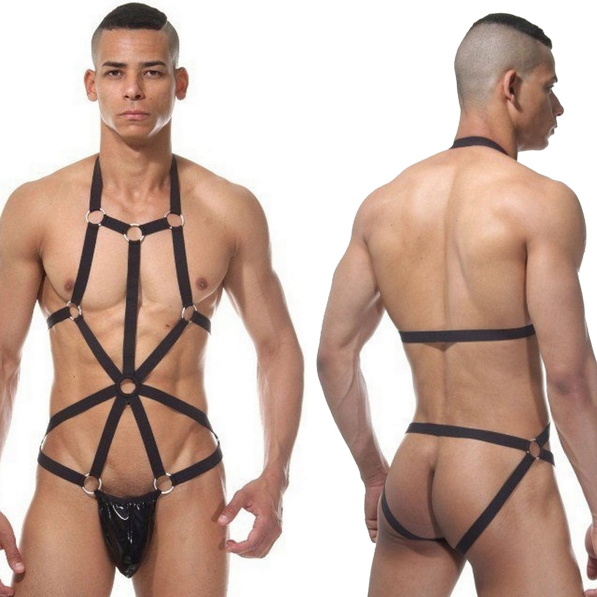 Men's Gladiator Role Play Harnesses Body Jockstrap - Black Backless Ouvert Cage Lingerie - Leather Harness for Gay Man - Gift for Him