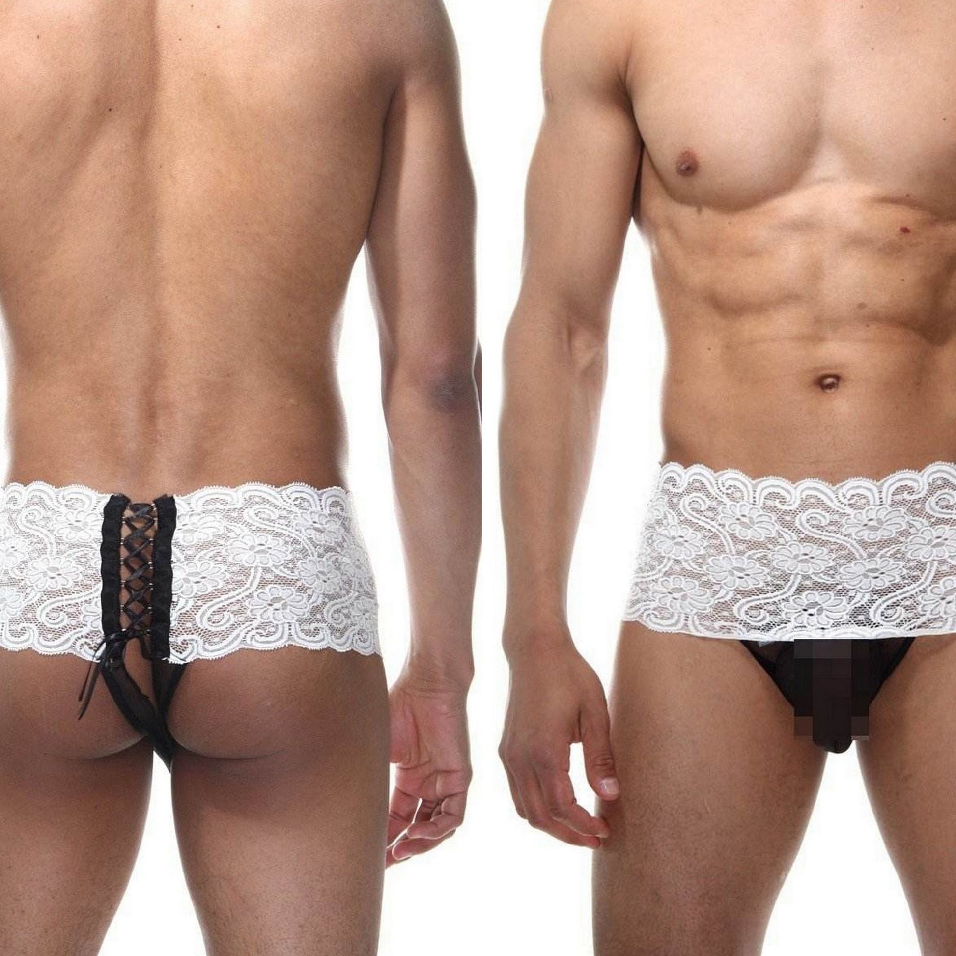 See Through Men's Thong Panties - Sexy Criss Cross Back Full Lace Sissy Underwear - Erotic Crotchless Open Back Panty - Perfect Gift for Him
