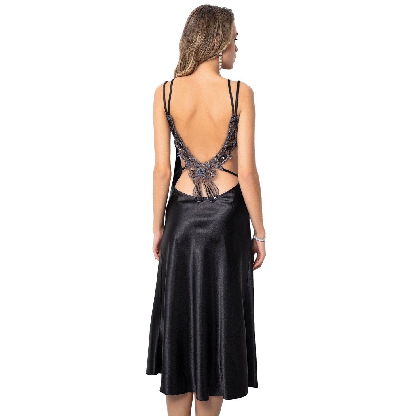 Long Satin Negligee Lingerie - Open Back Sexy Guipure Detail - Bridal Lace Lingerie Deep Slit Dress