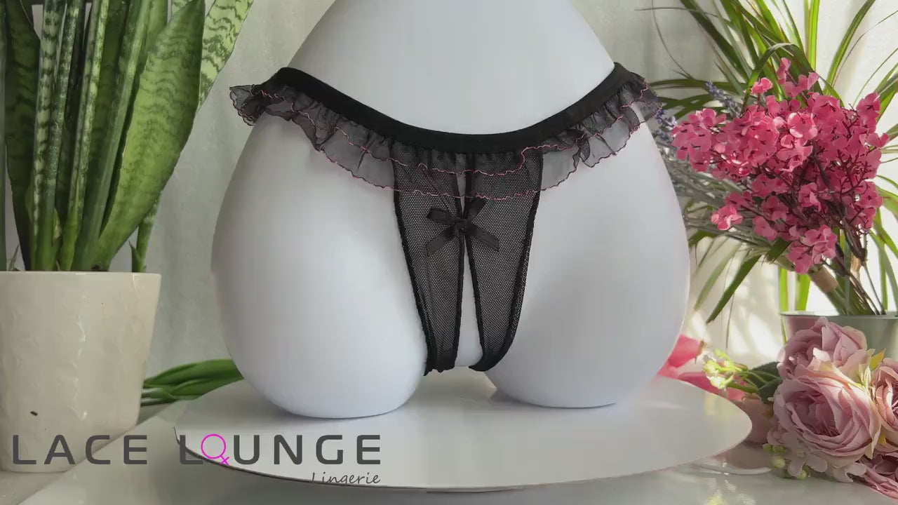 Women’s Sexy Crotchless Open Back Panties • Open Crotch Uncensored • Frilly Crotchless Panties • Sheer Tulle Ruffled Panties