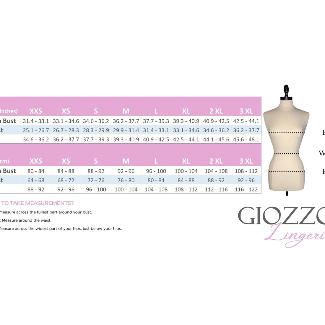GIOZZO lingerie size chart – bust, waist and hip measurements, sizes XXS to 3XL