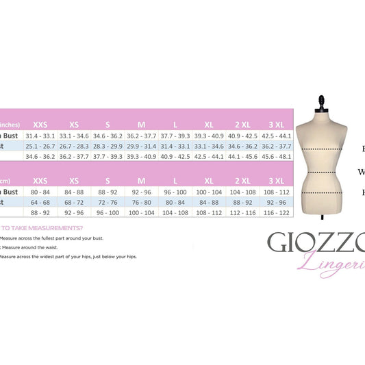 GIOZZO lingerie size chart – bust, waist and hip measurements, sizes XXS to 3XL