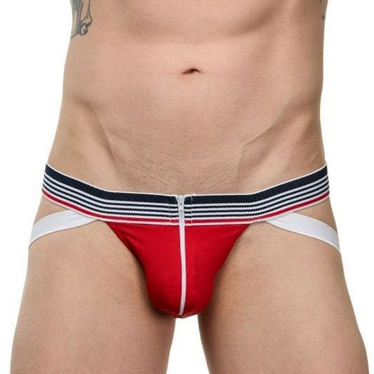 Men's Zippered Jockstrap Suspension G-String Underwear - Sexy Thrills Red, White and Black Striped - LGBTQ Mens Backless Sexy Jockstrap