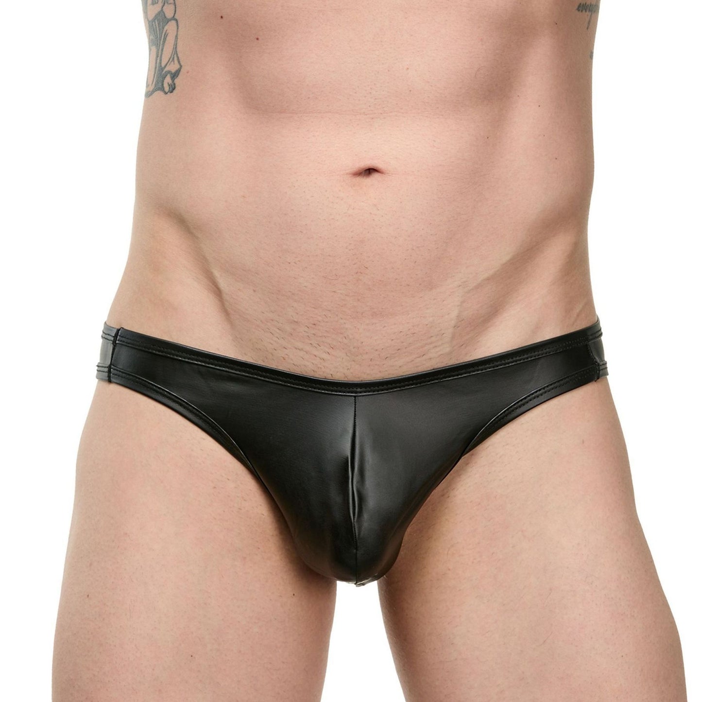 Men's Low-Rise Slip Briefs Sheer Obedience Black Leather Lace - Black Low-Rise Men's Underwear - Erotic Mens Lace Trimmed - BDSM Mens Briefs