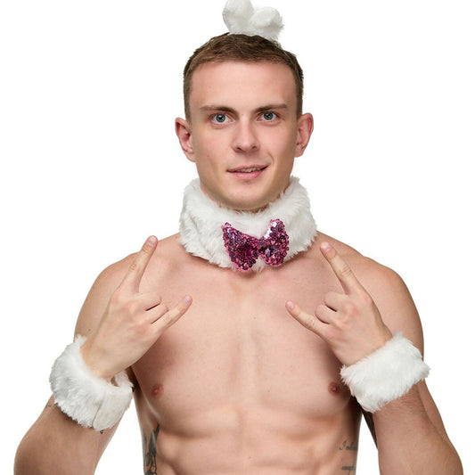 Men’s Sexy Bunny Costume - Fuzzy Flirt White Fur Sequin-Embellished - Men's Sexy Rabbit Suit - Chic Furry Bunny Outfit