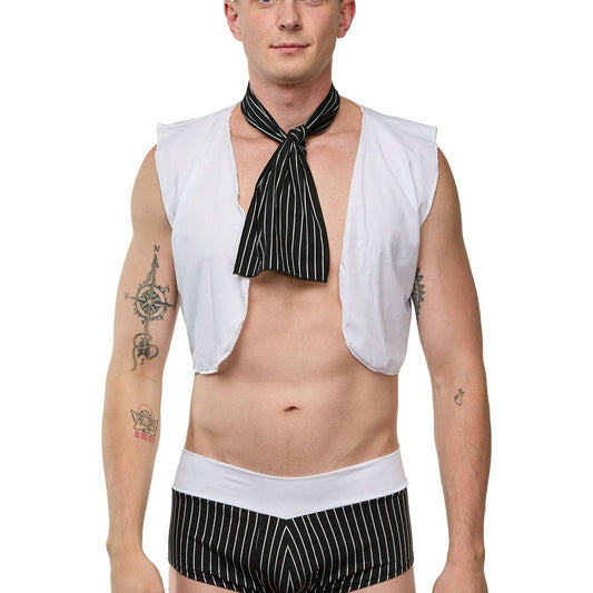 Erotic Men’s Sexy Sinbad Costume - Enigmatic Explorer White and Black Striped Cutout - Sensual Arabian Nights Outfit - Provocative Roleplay