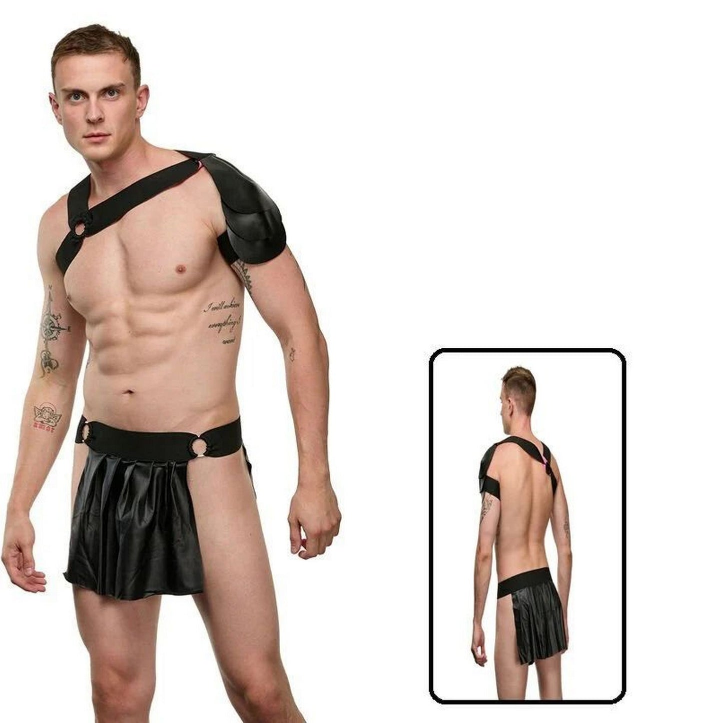 Men’s Black Sexy Gladiator Cosplay Costume with Chest Harness & Low-Rise Pleated Skirt - Seductive Warrior Attire - No Rest for the Wicked