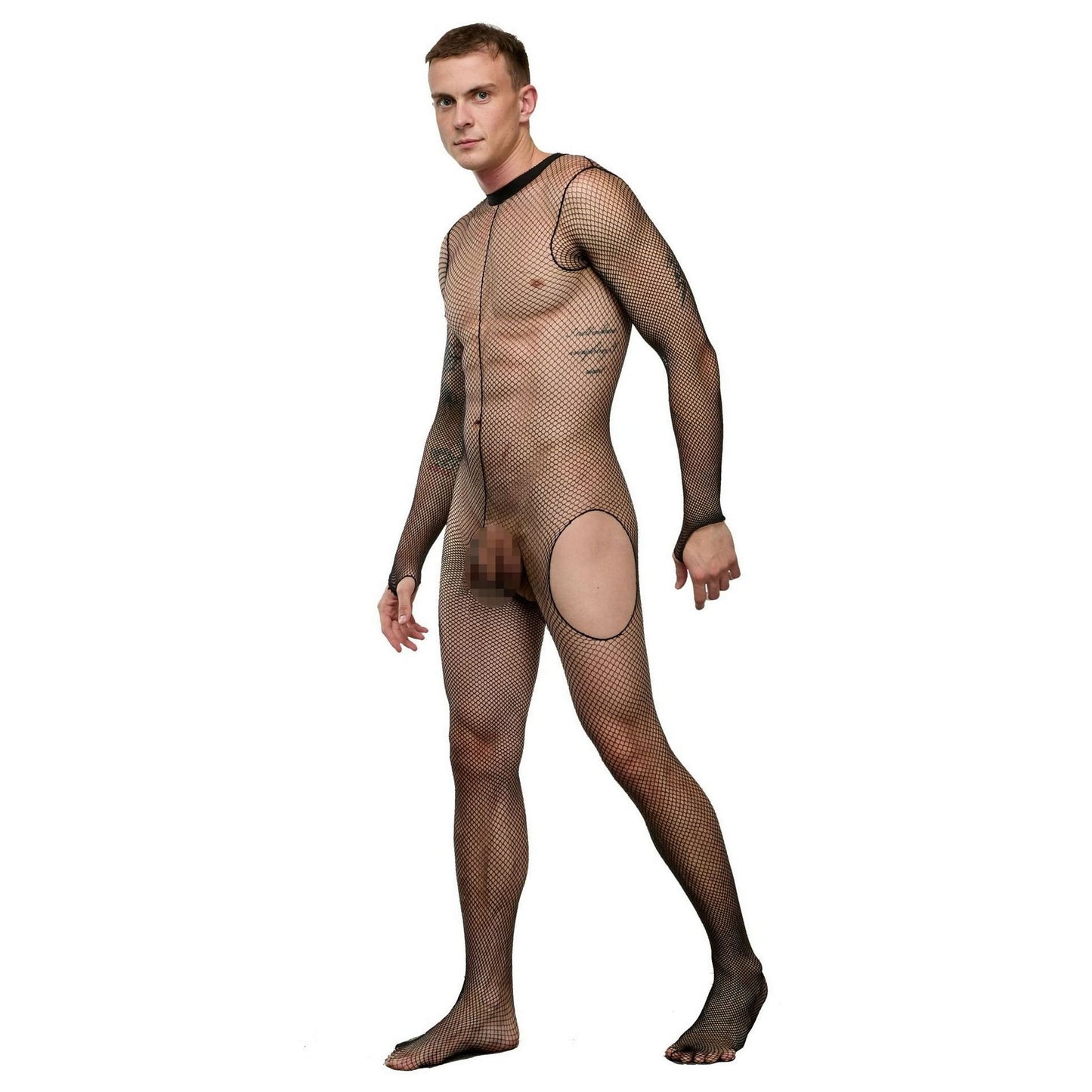 The Naked Truth Black See-Through Mesh Men’s Full-Body Fantasy Jumpsuit Costume with Long Sleeves & Cutouts - Sexy Uncensored Open Back Suit