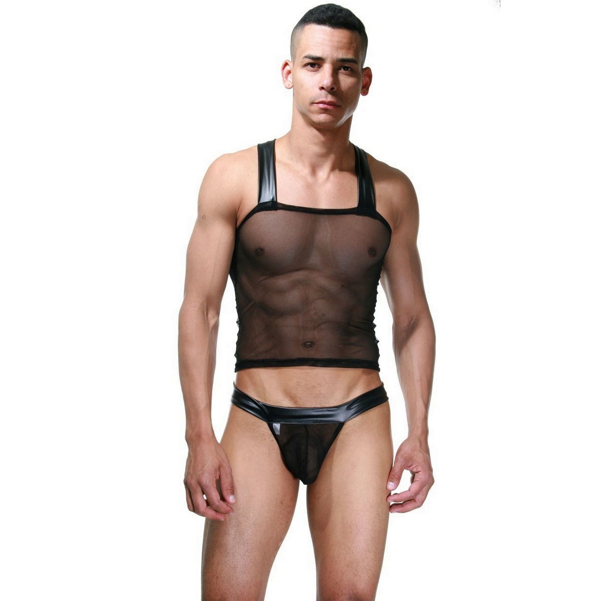 Men's See Through Sexy Tank Top & G-String Underwear Set - Diagonally Straps Underwear - Transparent Bodysuits Lingerie - Gift for Gay Man