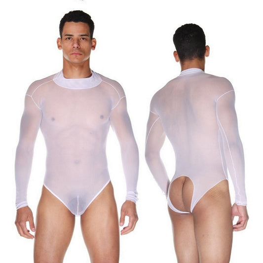 Men's See Thru Uncensored Body Suit - Open Back White Tulle Sexy Transparent Fabric - Bodysuit for Him - Discreet Shipping from Us