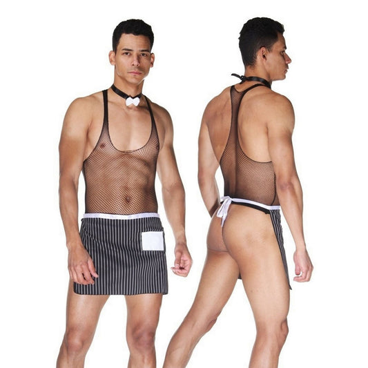 Butler Beefcake Waiter Costume - Men's Role Play Lingerie - Mens Transparent Open Back Sexy - Gay Man Costume Underwear