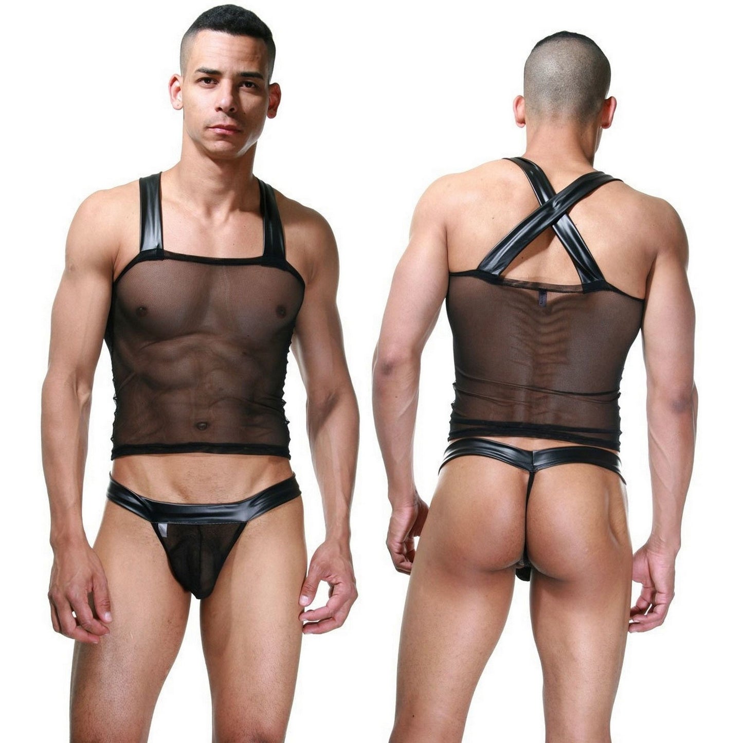 Men's See Through Sexy Tank Top & G-String Underwear Set - Diagonally Straps Underwear - Transparent Bodysuits Lingerie - Gift for Gay Man