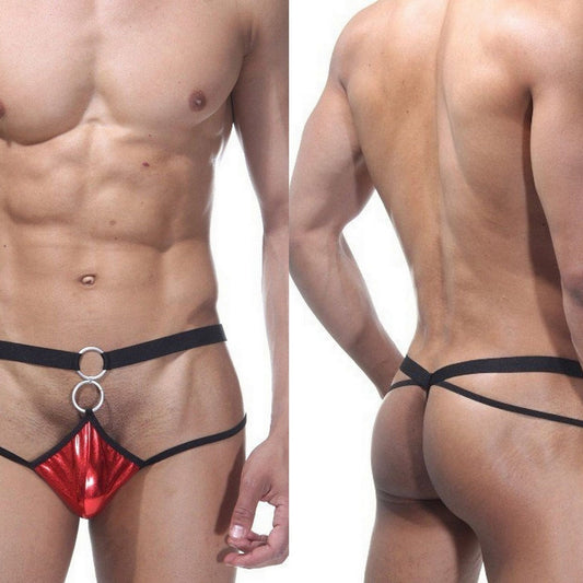 Men's Jockstrap Red Shiny Strappy String Panties - Sexy Men's Underwear Double Ring Detail G-String - Perfect Brief Gift for Him