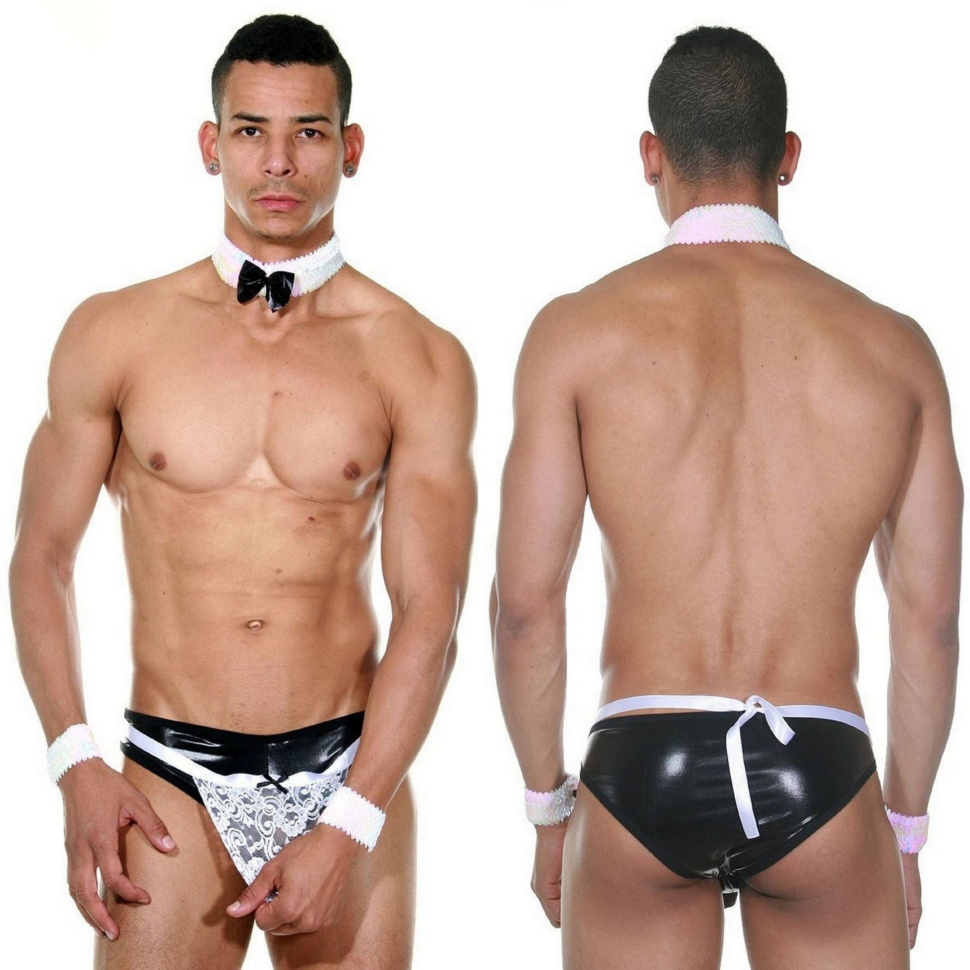 Waiter Costume - Mens Costume - Sequin Collar & Wrist Cuffs Set - Lace and Lacquer Leather Keyhole - Uncensored Cosplay Butler Beefcake