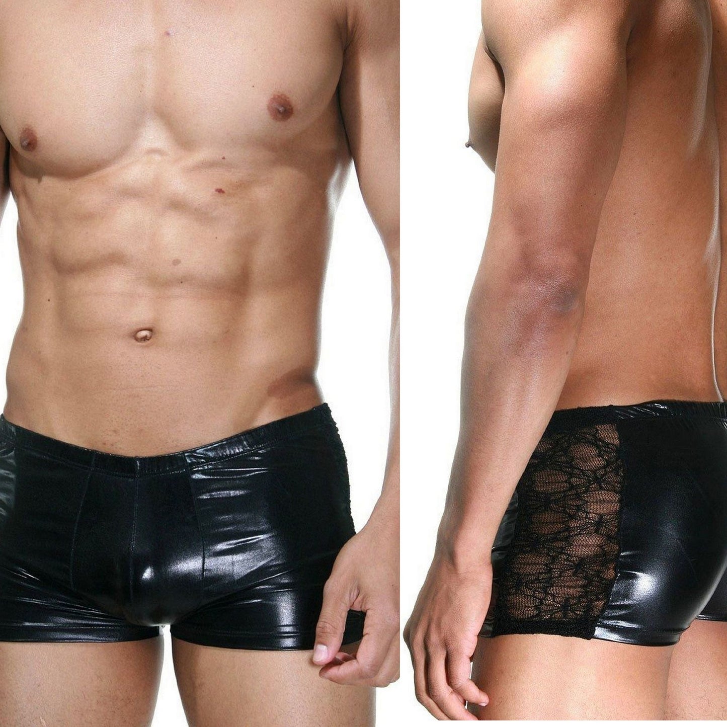 Men's Lace & Lacquer Leather Boxer Underwear - Black Sexy Stretchy Panties for Men - Sexy Lgbt Panties - Valentine's Day Gift for Him