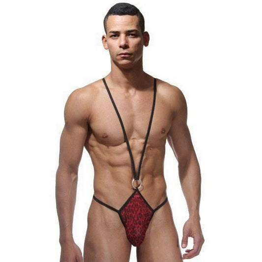 Men's Red Leopard Bodysuit Costume Sexy Straps Underwear - Sexy Pride Costume - Hot G-String Lingerie for Men - Gift for Gay Man