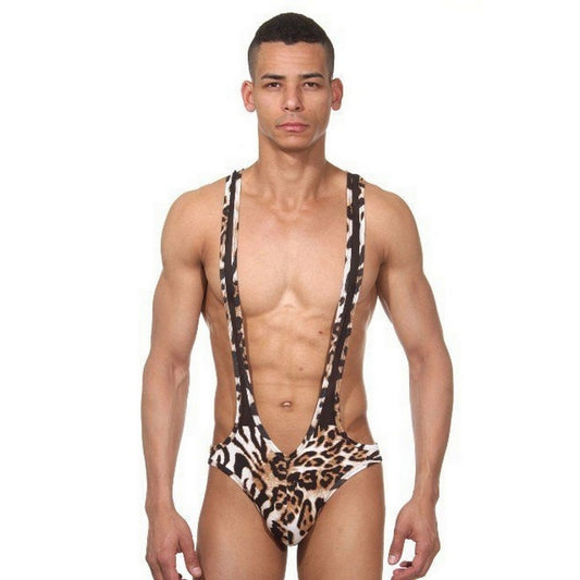 Men's Leopard Wrestling Bodysuit Lingerie Leotard Underwear - Role Play Costume for Men - Sheer Back Jumpsuits Singlet - Gift for Him