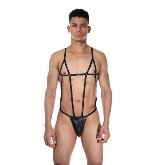 Men's Black Fantasy Harness Jockstrap - Sexy Men Harness Underwear - Lacquer Leather Rubber Straps Sexy Lingerie