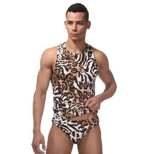 Men's Sexy Leopard Pattern Lingerie Singlet String Set - Sexy Men Underwear Suit - Sport Top and Tanga - Valentine's Day Gift for Him