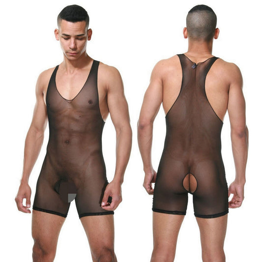 Men's Uncensored Open Lingerie See Through Bodysuit - Sheer Wrestling Costume for Him - Sexy Transparent Black Tulle Sleeveless Racer Back