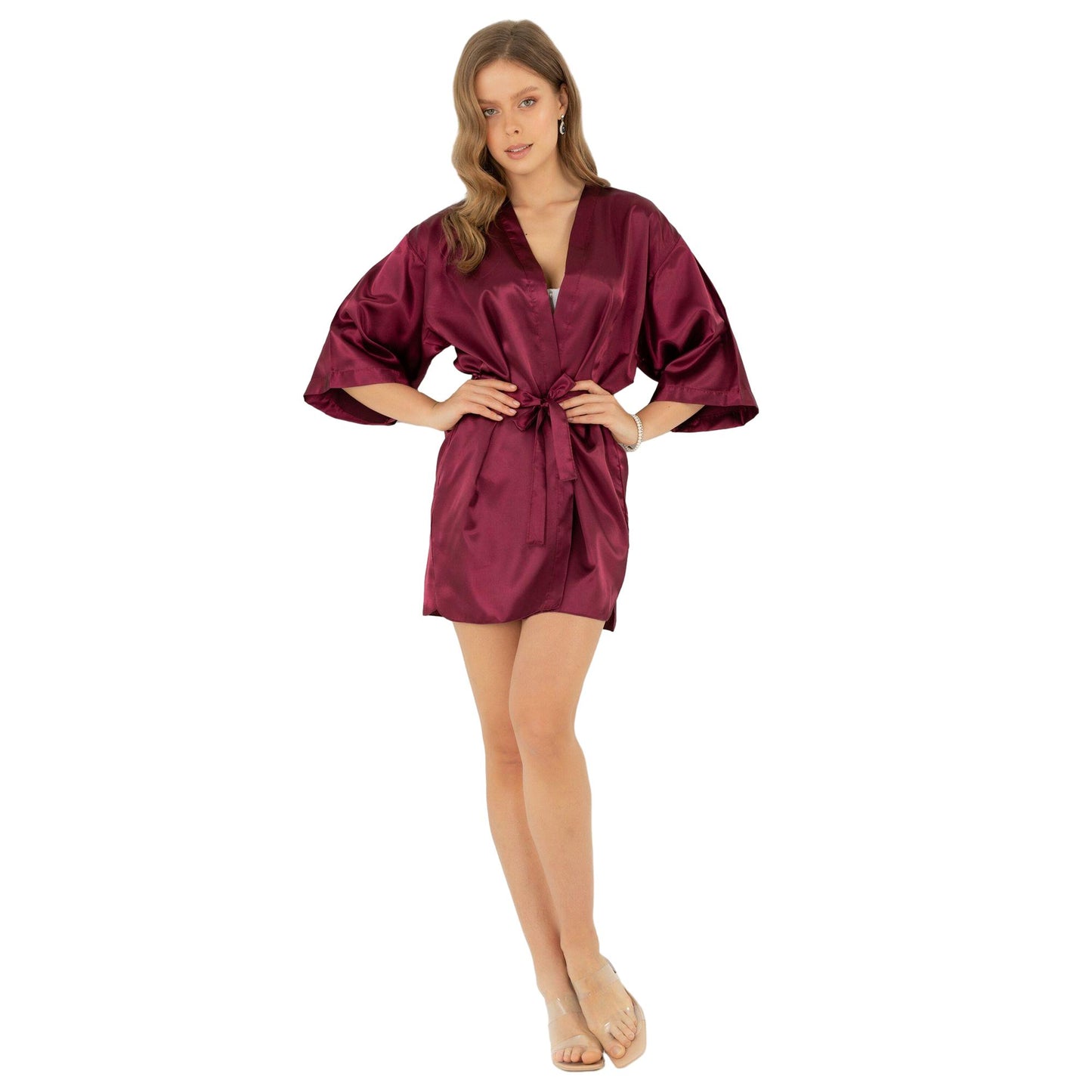 Satin Dressing Gown Kimono Robe Peignoir - Sexy Mini Satin Robe for Women - Short Kimono Sleepwear Peignoir Lingerie