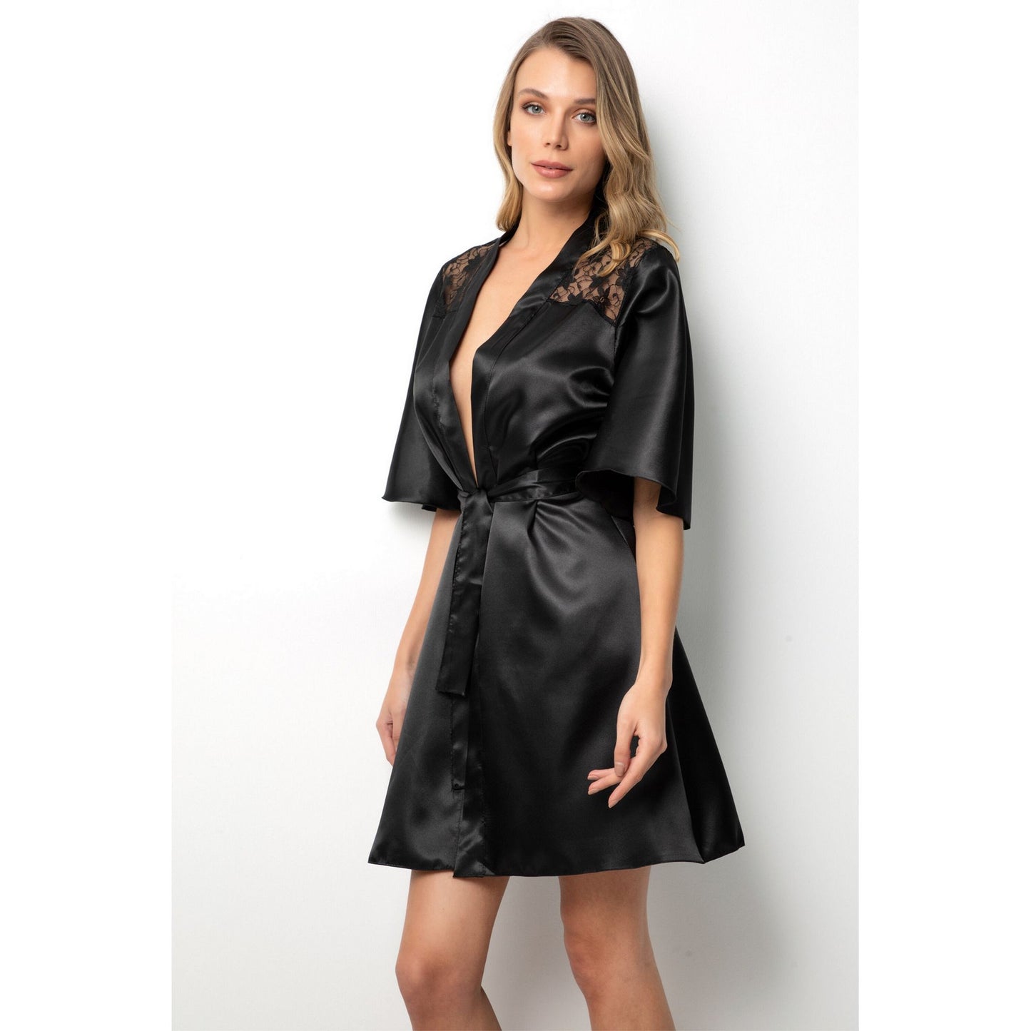 Lace Women's Satin Dressing Gown Kimono - Luxury Half-Sleeved Black Soft Dressing Robe - Lace Trim on The Shoulder and Back Kimono Robe