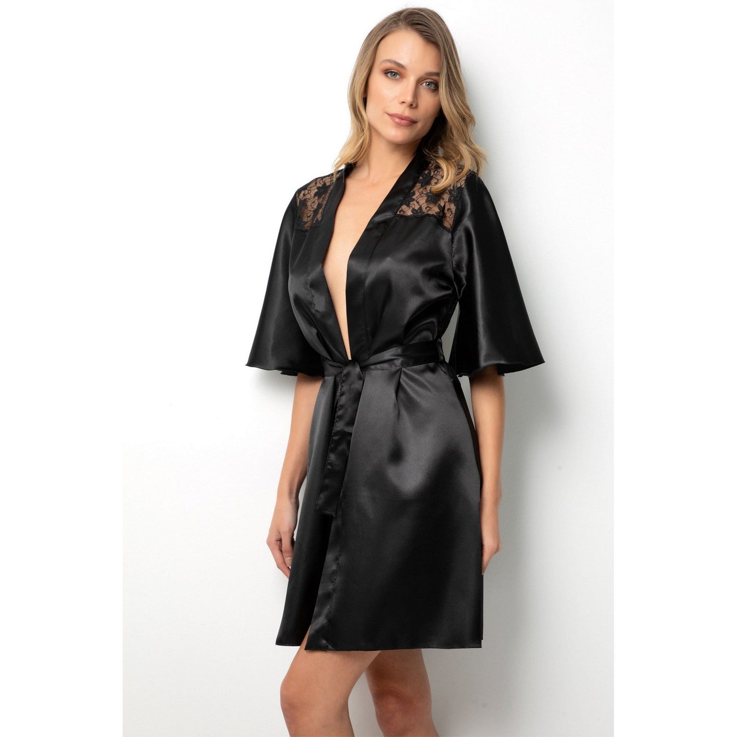 Lace Women's Satin Dressing Gown Kimono - Luxury Half-Sleeved Black Soft Dressing Robe - Lace Trim on The Shoulder and Back Kimono Robe