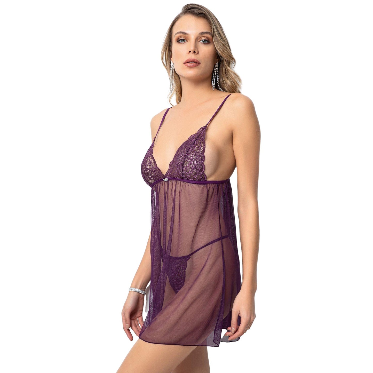 Purple Sheer Babydoll G-string Set - VNeck Lace Cup & String Transparent Lingerie Set - Tulle Baby doll For Wedding Night