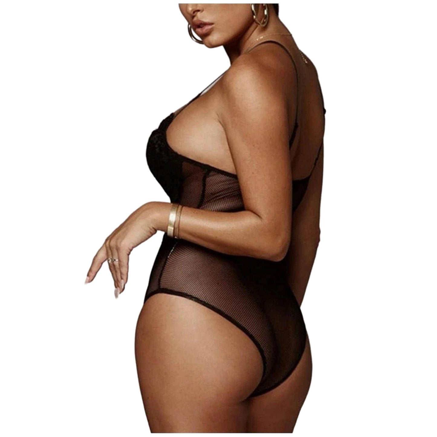 Sheer Cage See Through Bodysuit Lingerie - Tulle Lace Eyelash Wireless Padded Bustier Top - Sexy Body Suit Keyhole Snap Button Closure