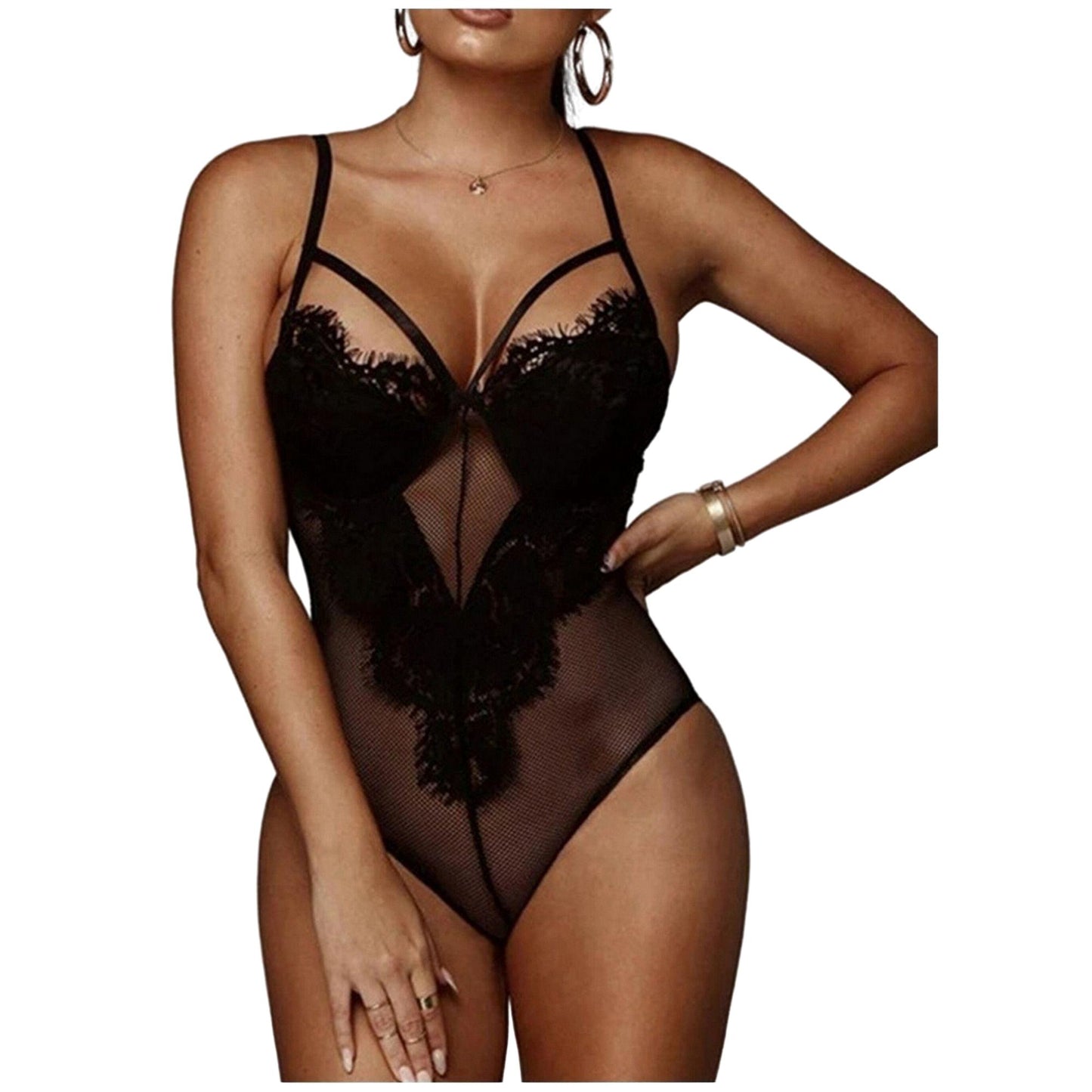 Sheer Cage See Through Bodysuit Lingerie - Tulle Lace Eyelash Wireless Padded Bustier Top - Sexy Body Suit Keyhole Snap Button Closure