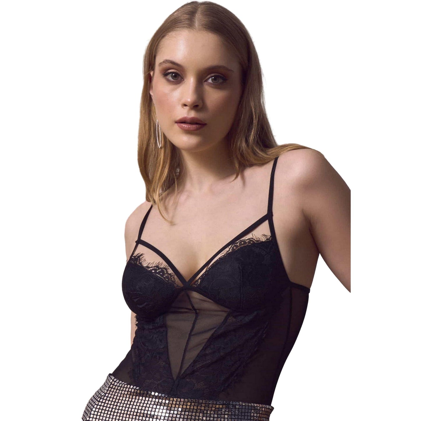 Sheer Cage See Through Bodysuit Lingerie - Tulle Lace Eyelash Wireless Padded Bustier Top - Sexy Body Suit Keyhole Snap Button Closure