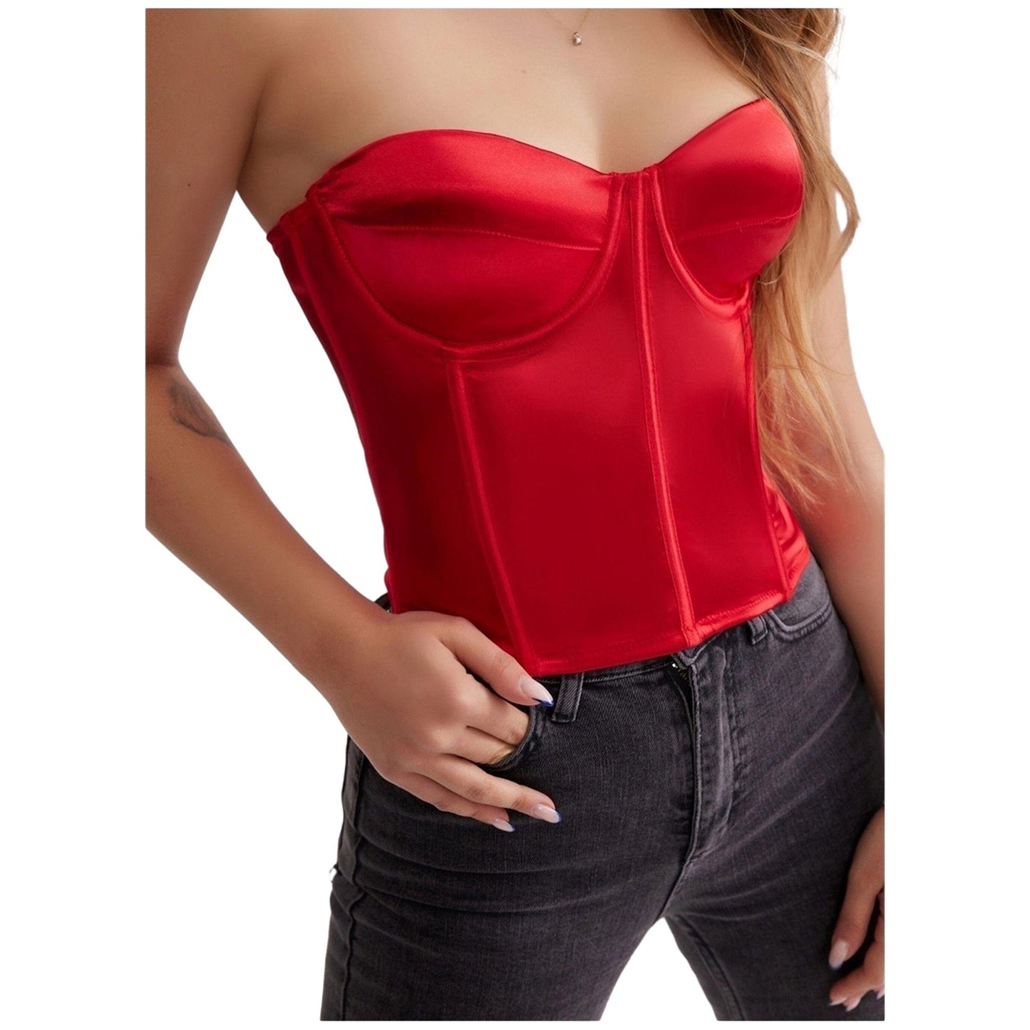 Red Strapless Supportive Bustier - Stylish & Sexy Bustier - Lacquer Leather Women's Bustier - Sophisticated Look without Sacrificing Comfort