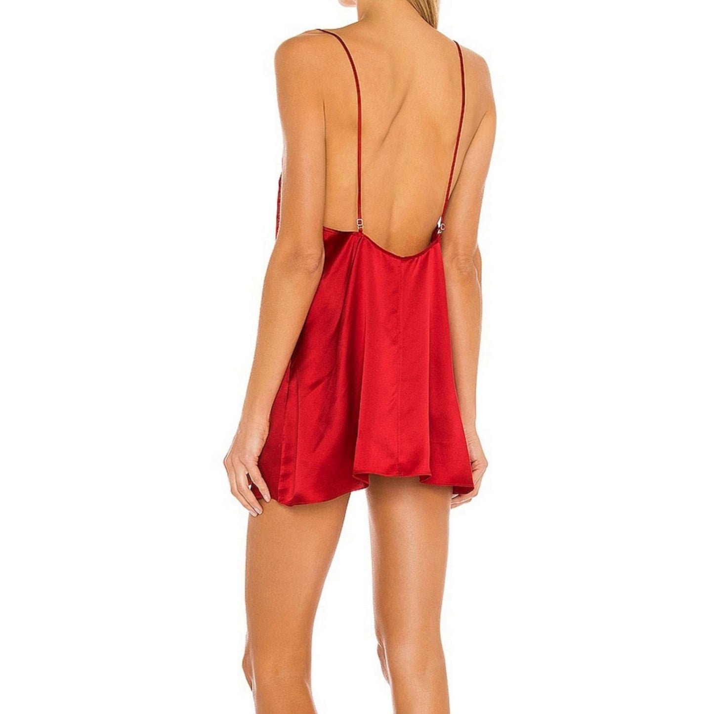 Red Satin Babydoll Open Back Night Dress - Sexy Short Lingerie Deep Decollete with Thin Straps