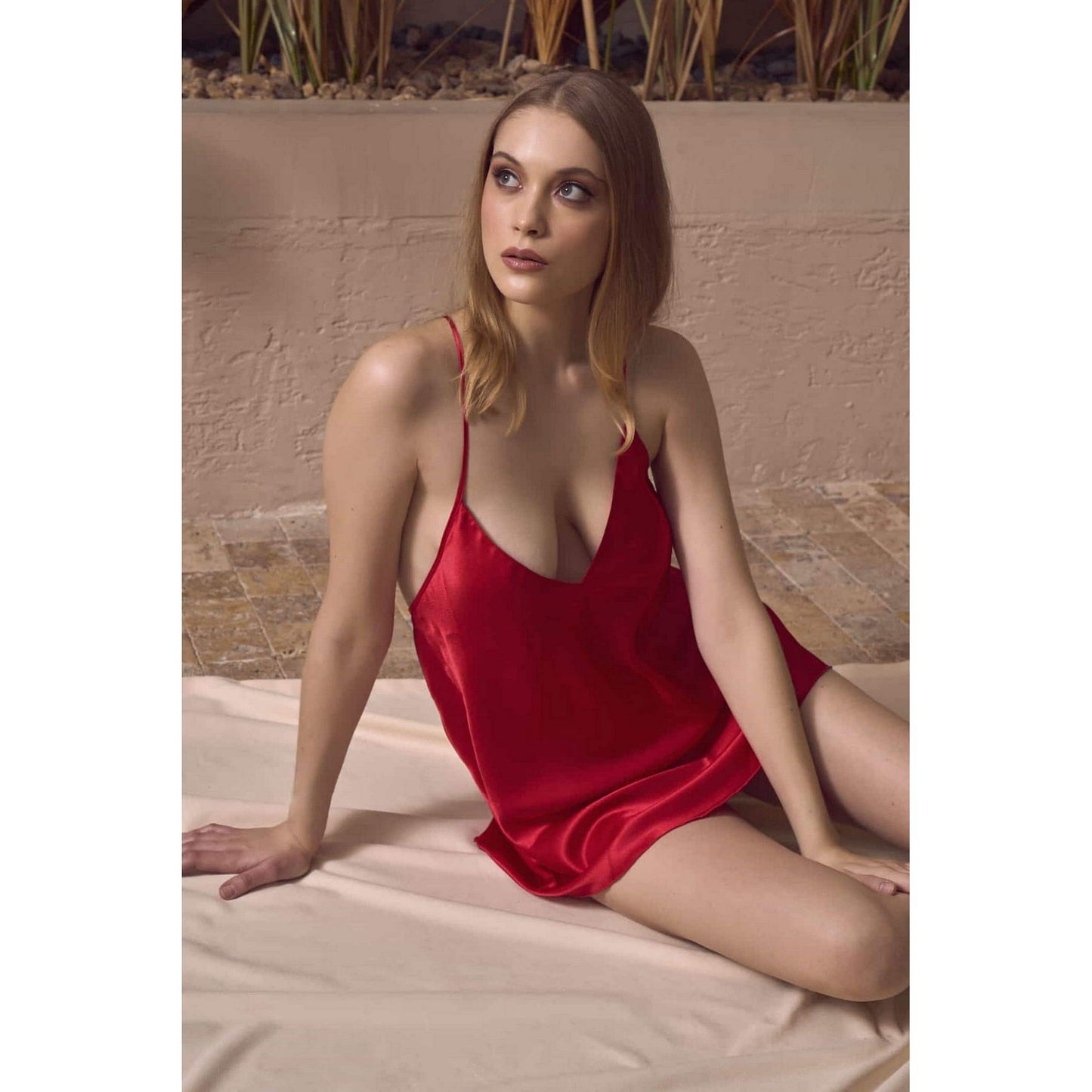 Red Satin Babydoll Open Back Night Dress - Sexy Short Lingerie Deep Decollete with Thin Straps