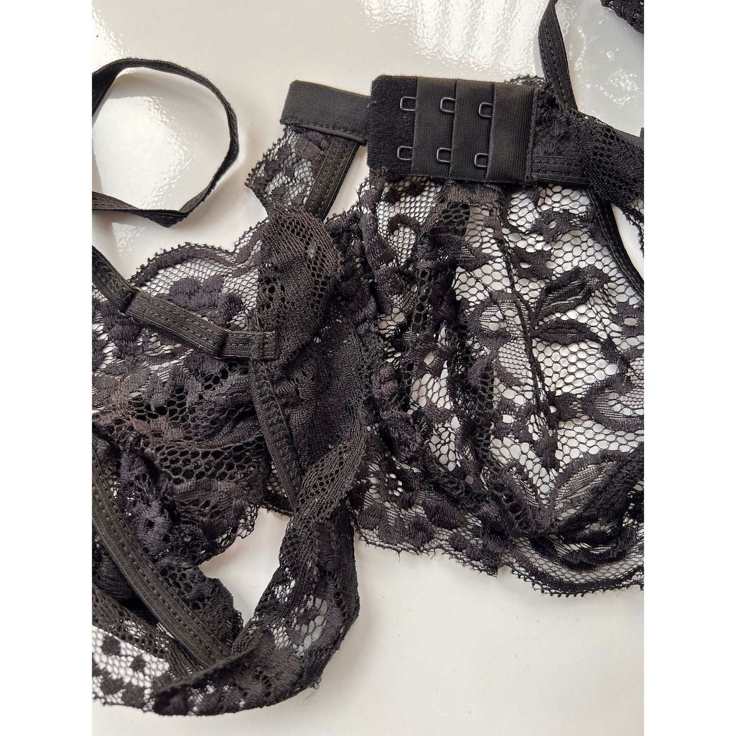 Brazilian Panty & Balconette Shelf Bra Set - Sexy Black Lace Brazilian Cut Short Panties, Demi Balconette Bra - Floral Design Sensual Lace