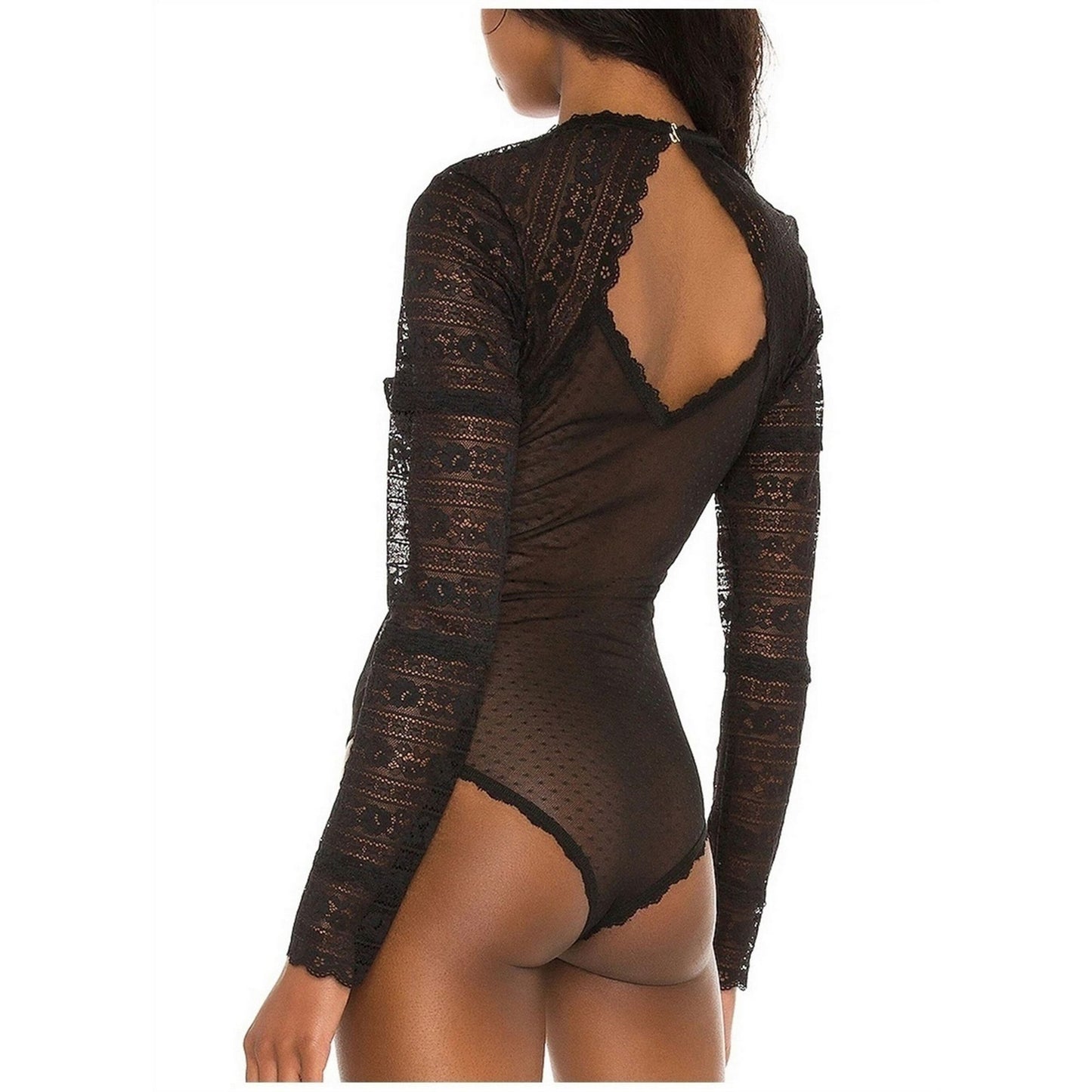 Sheer Lace Long Sleeve Bodysuit Bustier - Black Seductive Keyhole on Front and Back Transparent Fishnet Lingerie - Sexy V-Neckline Gift