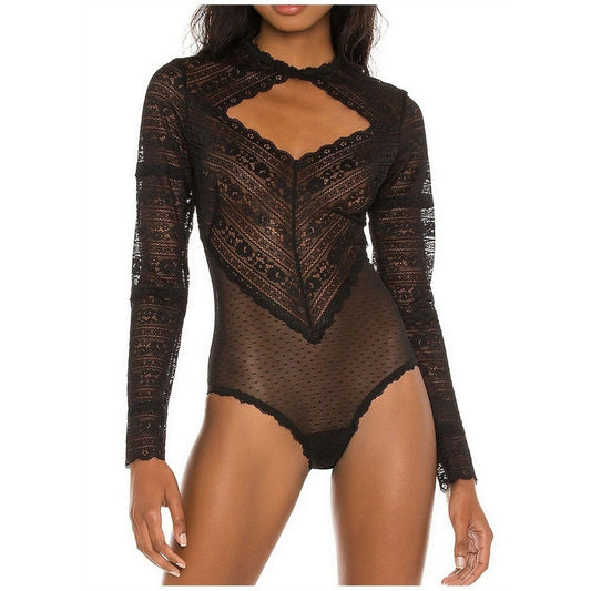 Sheer Lace Long Sleeve Bodysuit Bustier - Black Seductive Keyhole on Front and Back Transparent Fishnet Lingerie - Sexy V-Neckline Gift