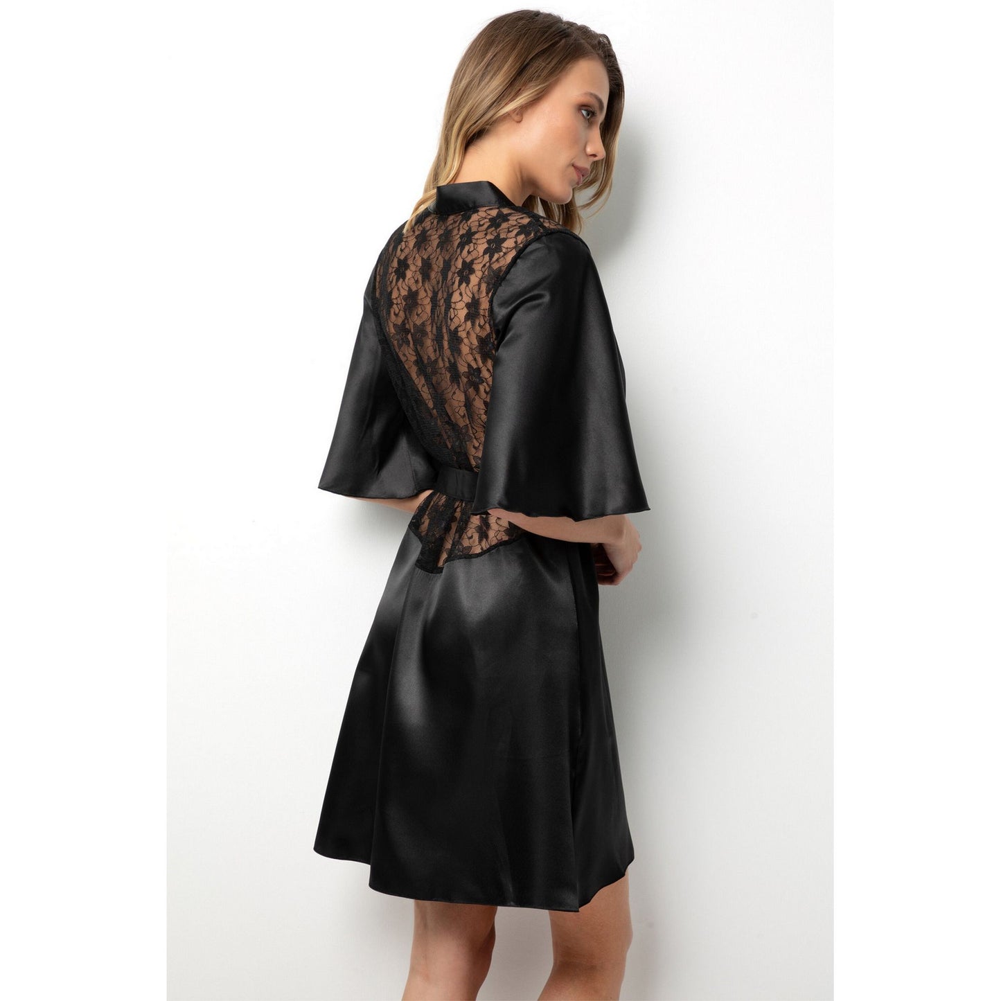 Lace Women's Satin Dressing Gown Kimono - Luxury Half-Sleeved Black Soft Dressing Robe - Lace Trim on The Shoulder and Back Kimono Robe