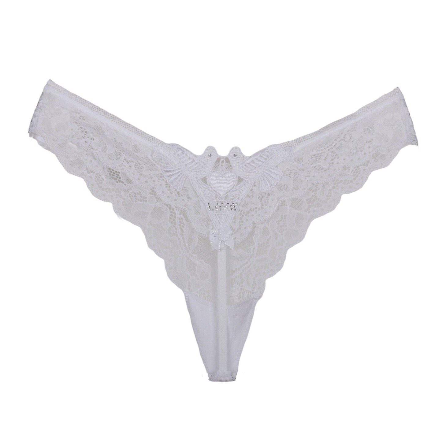 Sexy French Lace String Women Panties - Bird Motif and Love with Rhinestone on Back - Sheer Thong Underwear with Cotton Inner Gusset