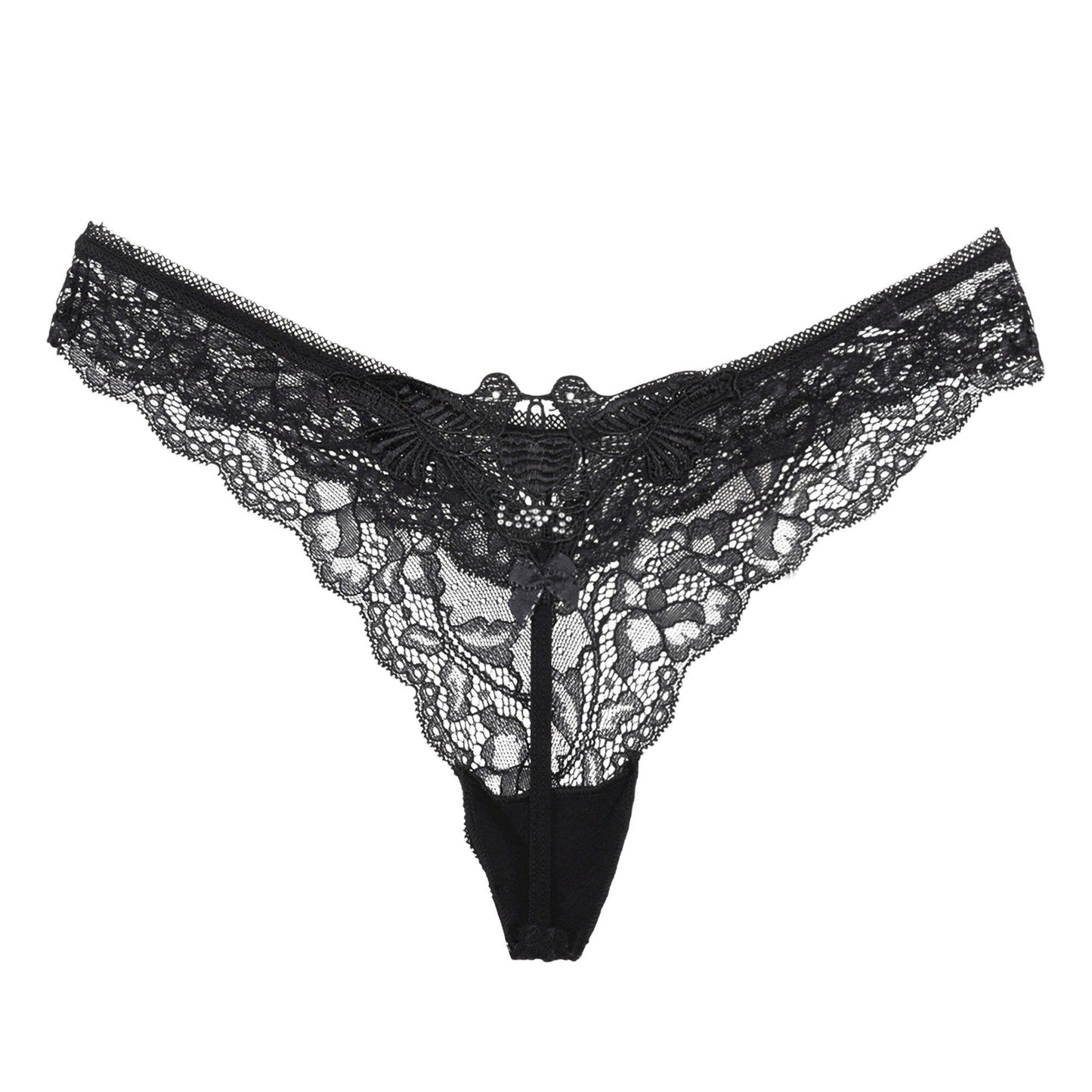 Sexy French Lace String Women Panties - Bird Motif and Love with Rhinestone on Back - Sheer Thong Underwear with Cotton Inner Gusset