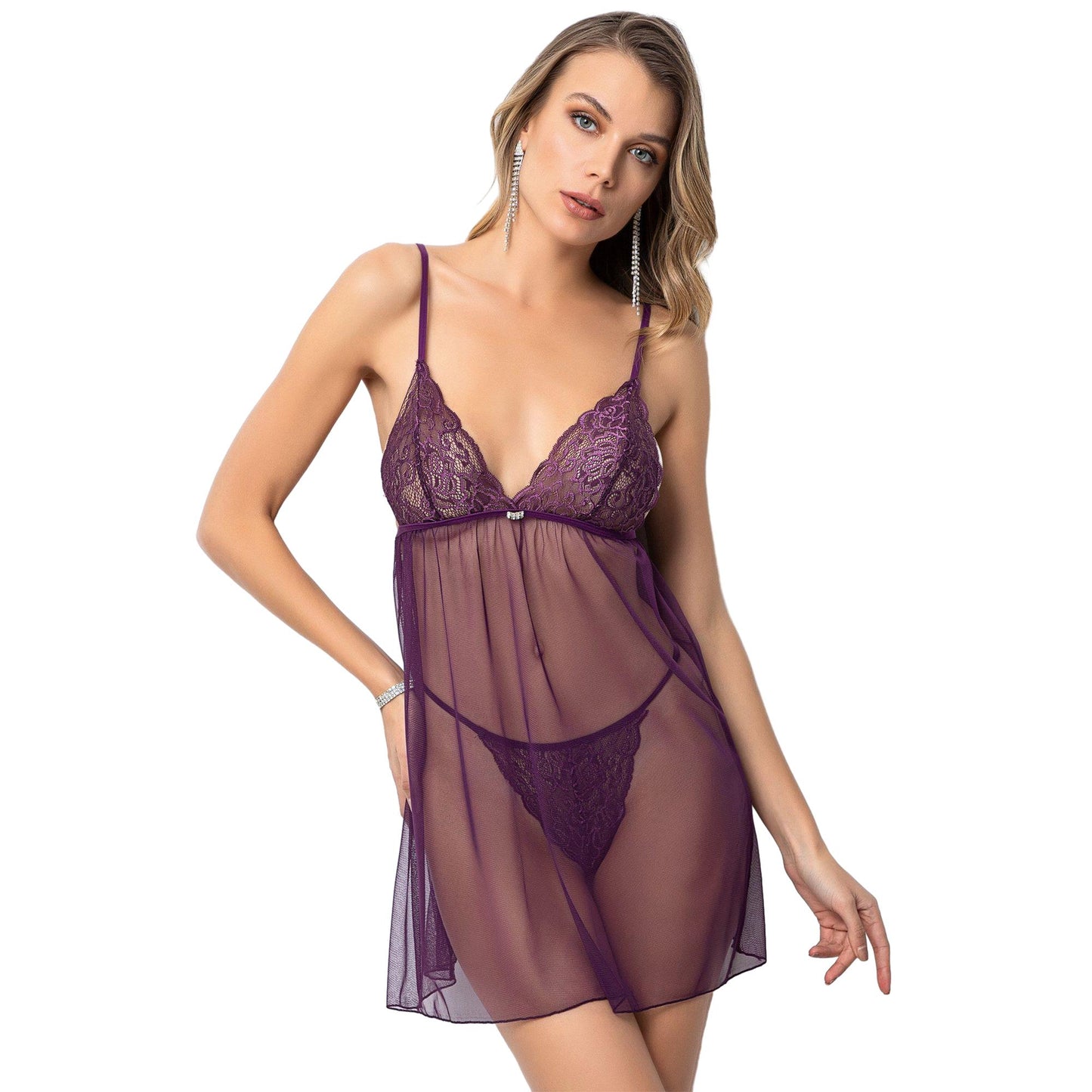 Purple Sheer Babydoll G-string Set - VNeck Lace Cup & String Transparent Lingerie Set - Tulle Baby doll For Wedding Night