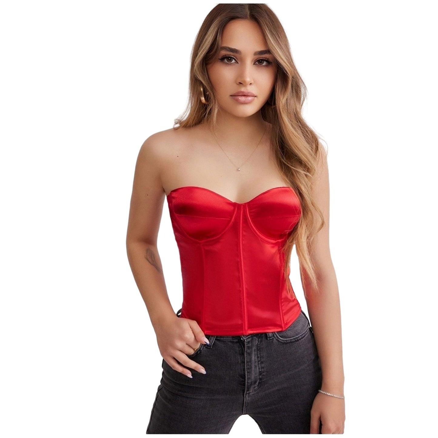 Red Strapless Supportive Bustier - Stylish & Sexy Bustier - Lacquer Leather Women's Bustier - Sophisticated Look without Sacrificing Comfort