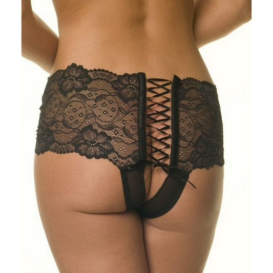 Criss-Cross Laced Ouvert Panties Medium Rise Lacie - Sexy Floral Pattern Boyshort Boxer - Open Back Black Lace Womens Panties