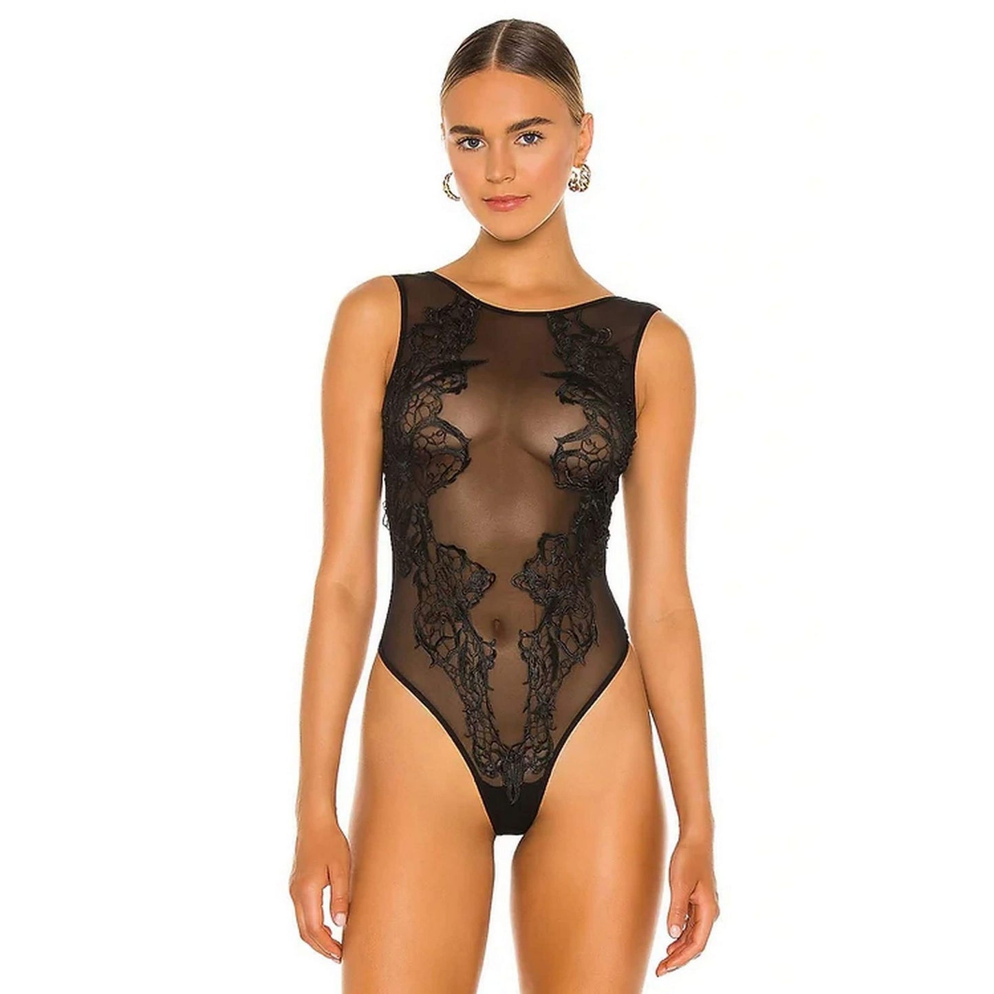 See Through Bodysuit Open Back Lingerie - Tulle & Lace Body Suit Festival Clothing - Womens Sexy Sheer Bustier W/ Snap Button Flower Pattern